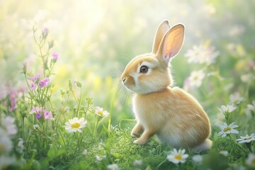 Fototapeta premium Small brown rabbit sitting amidst colorful wildflowers in a sunlit meadow during spring. Generative AI