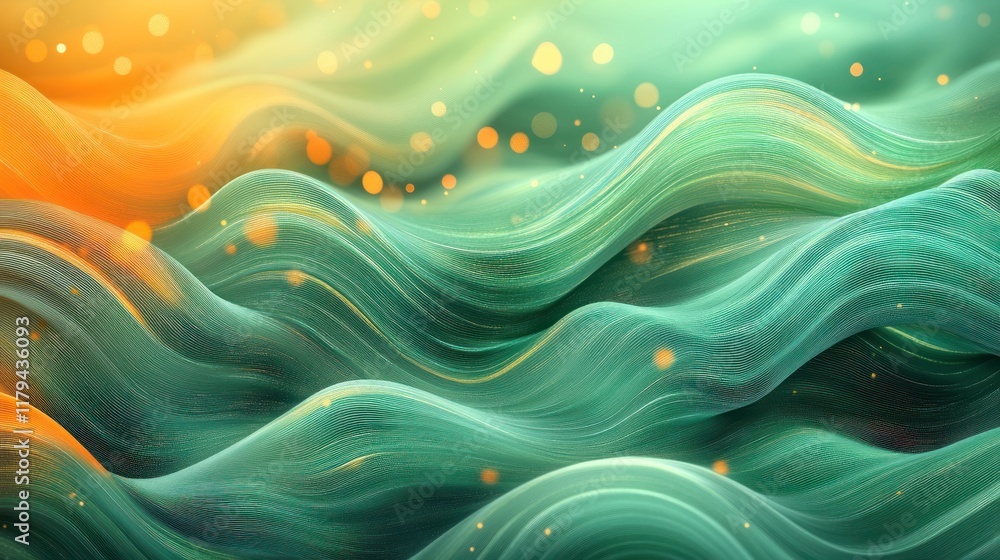 Poster swirling waves of green and orange colors create a dynamic, abstract background in a serene composit