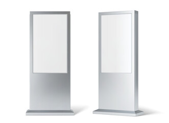 3D retail advertise information stand display mockup or lightbox, realistic vector. Retail information stand in frame, outdoor advertising light box or display billboard mock up of POS promotion board