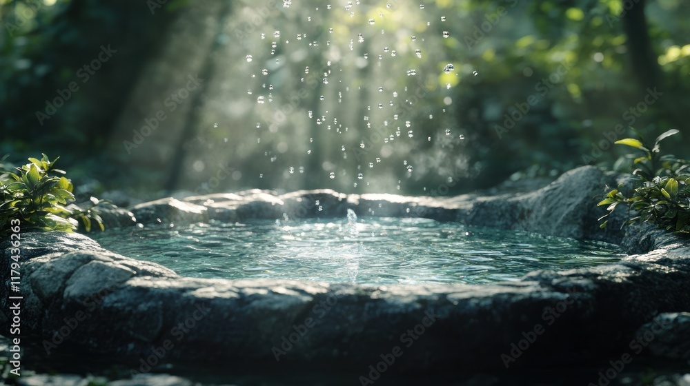 Poster tranquil water pool surrounded by lush greenery and soft sunlight filtering through trees. generativ