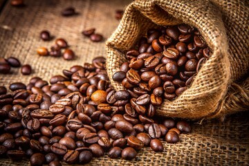coffee beans on burlap coffee bean on white table with soft-focus and over light in the background. top view