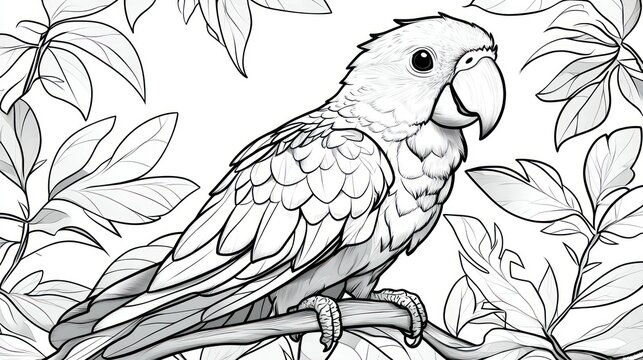 Detailed line drawing of a parrot perched on a branch amidst lush tropical foliage.