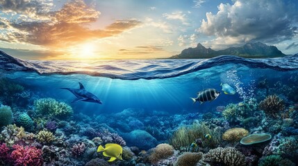 Vibrant Marine Life at Sunset: A Captivating View of Underwater Ecosystems and Scenic Island Landscape