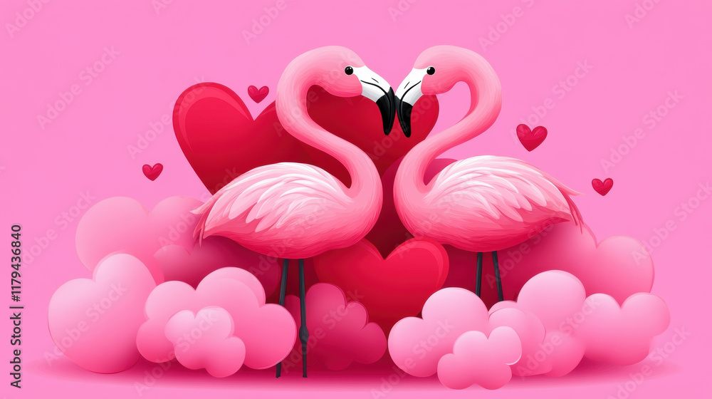 Poster flamingo and heart, valentine's day, a colorful digital image featuring flamingos surrounded by a he