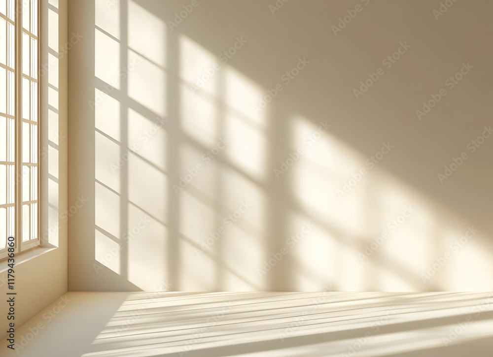 Poster sunlit room with soft shadows and geometric window reflections in minimalist space