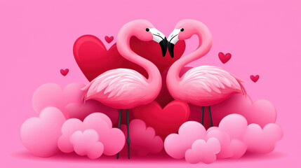 Fototapeta premium Flamingo and Heart, Valentine's Day, A colorful digital image featuring flamingos surrounded by a heart, designed for text placement in a high-fidelity format suitable for various uses.