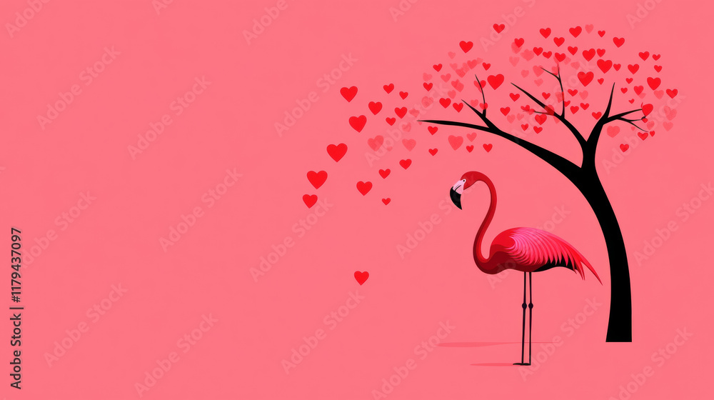 Poster flamingo and heart, valentine's day, a vibrant image of a flamingo resting under a tree, designed wi