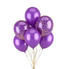 purple balloons withgolden glitter confetti , isolated on white background