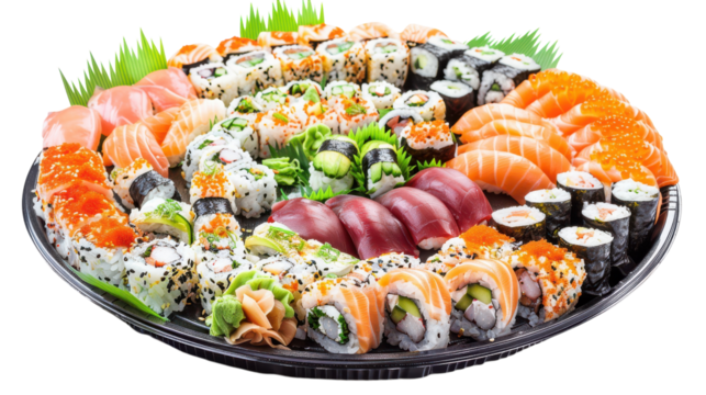 A beautifully arranged platter of assorted sushi rolls, showcasing vibrant colors and fresh ingredients, ideal for sharing at a gathering on transparent background