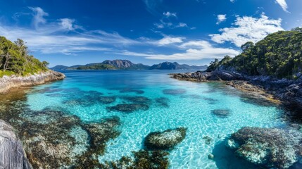 Fototapeta premium Breathtaking Coastal Landscape with Crystal Clear Waters and Lush Greenery Under a Vibrant Blue Sky