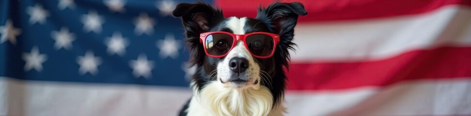 Beautiful border collie standing proudly in front of USA flag wearing stylish shades, usa flag, fashion, dog