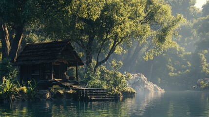 fisherman s small hut beside the Lamtan River, showcasing a rustic and peaceful lifestyle