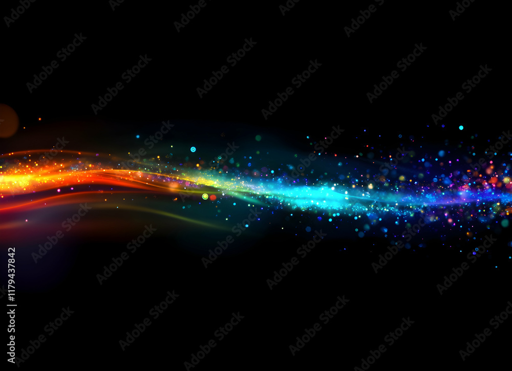 Poster colorful abstract light stream with sparkling particles and dark background