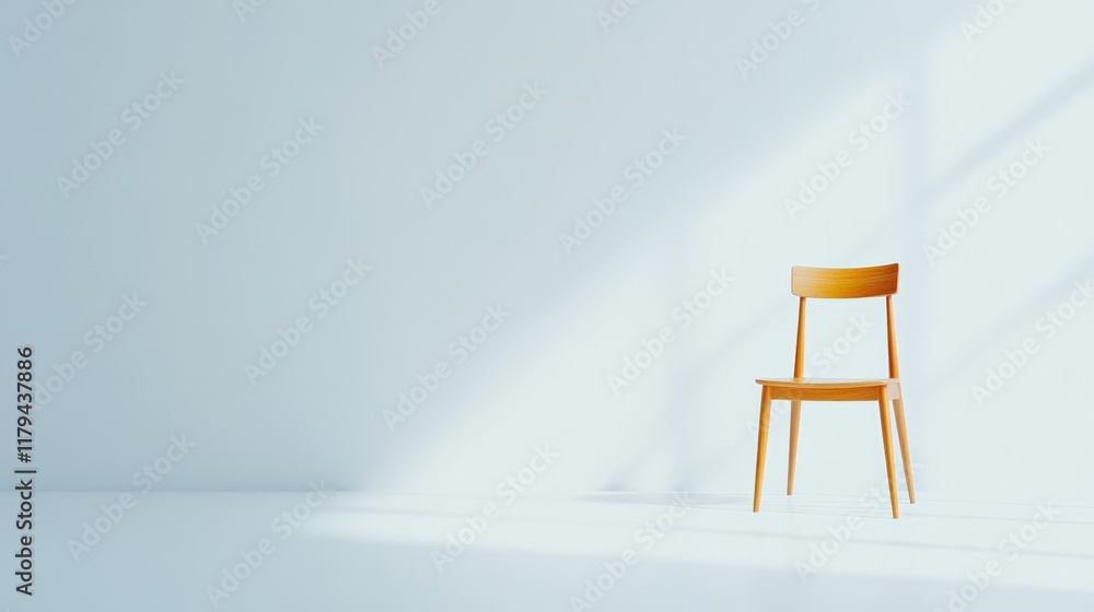 Aufkleber Wooden chair floating gracefully in a minimalist interior, illuminated by soft window light, creating a serene, surreal atmosphere that evokes tranquility and calmness