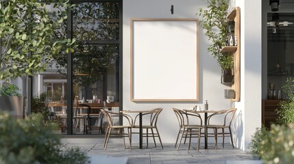 Modern Cafe Terrace Mockup: Blank Sign, Patio Seating, Sunlit Exterior