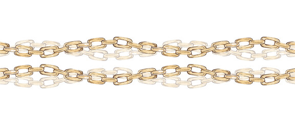 Watercolor seamless border with gold chains. Horizontal banner with jewelry gold ornaments, anchor chain. design and decoration, awning, scotch tape. Fashionable style.