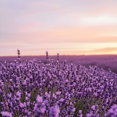 Naklejka premium A field of lavender flowers in full bloom under a pastel-colored sky.