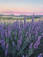 Obraz premium A field of lavender flowers in full bloom under a pastel-colored sky.