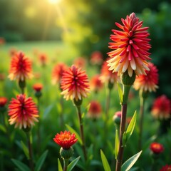 Red and orange hues of blooming Callistemon viminalis, garden, blooming