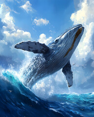 Majestic whale breaching the ocean waves under a vibrant blue sky, a breathtaking spectacle of nature's power and beauty.