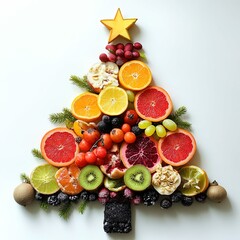 Christmas tree made of food and fruit on white backdrop