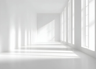 Fototapeta premium Minimalist Architecture Modern Bright White Empty Room with Sunlit Windows