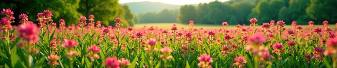 Obraz premium blooming buckwheat with trees in the background, landscape, natural scenery, trees