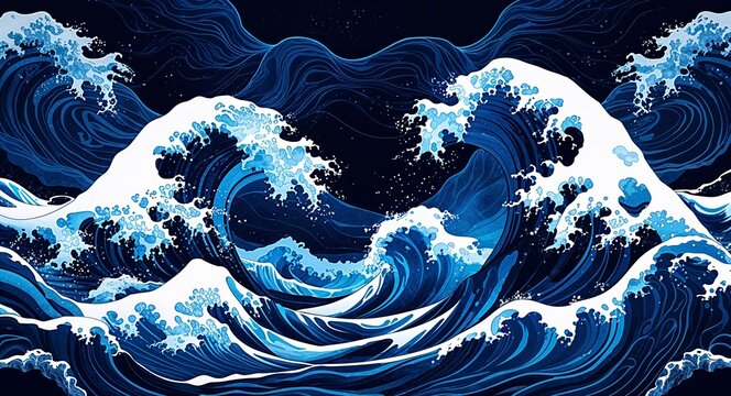 Tidal wave patterns background or illustration in deep oceanic blues