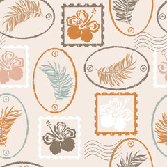 Retro Tropical Flora Stamps Vector Seamless Pattern