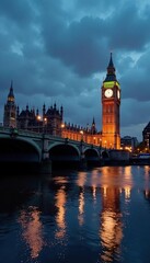 Obraz premium Reflections of Big Ben and Westminster Bridge on the River Thames at dusk, Westminster Bridge, city view, light