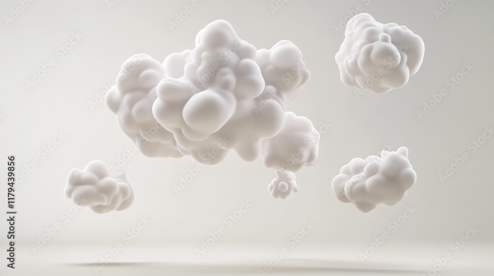 Poster several soft, white, and amorphous cloud like shapes are levitating in an empty room with a bright w