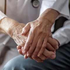 Fototapeta premium Parkinson and alzheimer female senior elderly patient hand with physician doctor exam in hospice care room