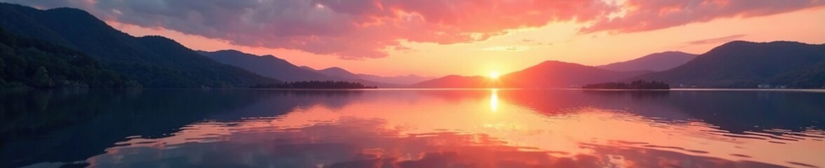 Fototapeta premium The lake's surface is calm and reflective as sunset approaches, water, serenity, landscape