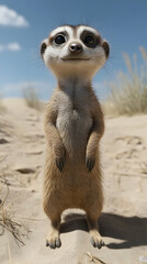 Adorable meerkat standing on sandy ground, looking directly at the camera with big, expressive eyes.  Perfect for children's books, websites, or greeting cards.