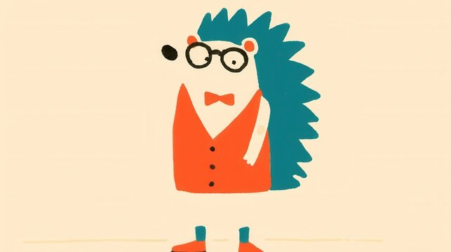 Charming hand drawn of a chubby anthropomorphic hedgehog wearing glasses and a bow tie portrayed in a whimsical doodle like style  The creative stylized design features vibrant colors