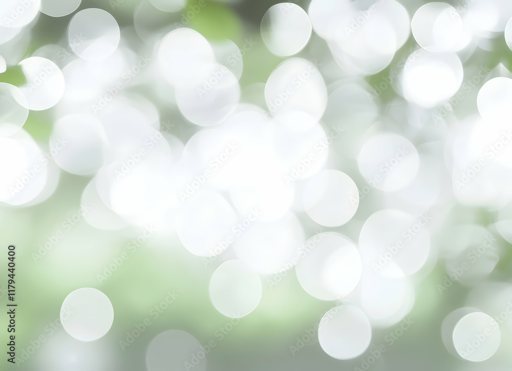 Poster abstract bokeh background with soft green and white light circles in a blurred forest setting