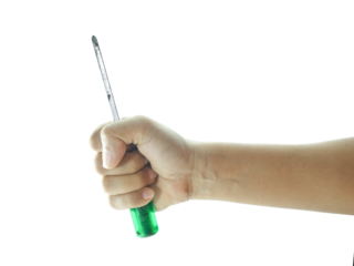 Female hand holding Screwdriver isolated on white background.