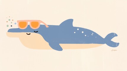 Cheerful and Playful Cartoon of a Dolphin Swimming Underwater and Wearing Sunglasses Enjoying the Vibrant Ocean Environment