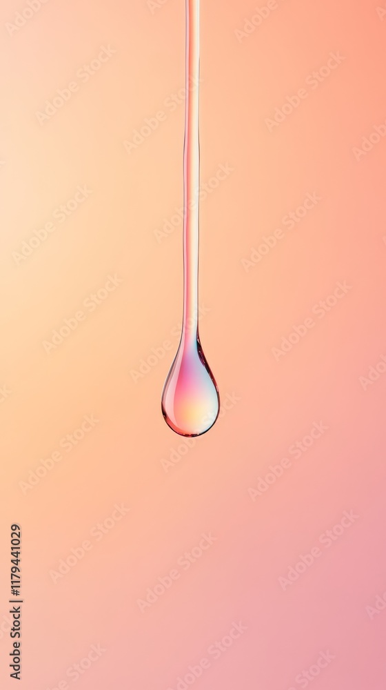 Poster Single water droplet forming at the bottom of a thin stream of water against a gradient orange background, creating a visually appealing and serene image