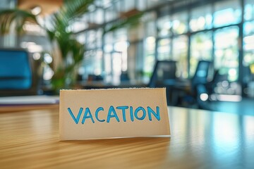 Office closed for vacation, note with the word: "VACATION" on the table of an employee who is outside the office. Blurred background, copy space., hd image
