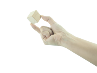 Female hand holding Wood block isolated on white background.