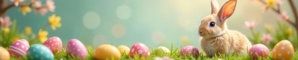 Fototapeta premium Fluffy bunny surrounded by colorful Easter eggs, Fr?hling, Osterhase