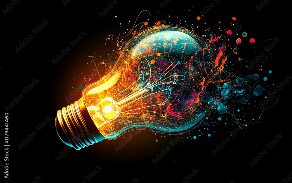 Poster a bright lightbulb emitting light, with abstract shapes and symbols swirling around, symbolizing the