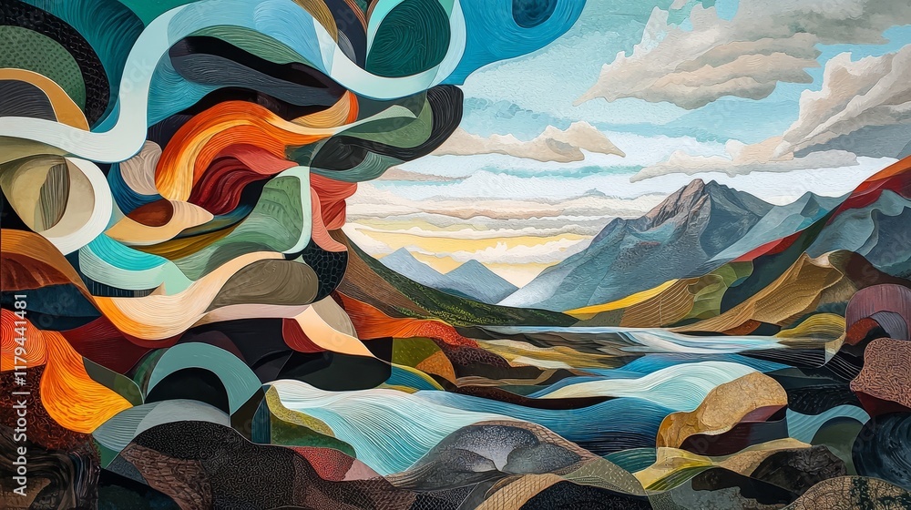 Poster Dynamic Abstract Composition with Colorful Shapes and Natural Landscape Elements