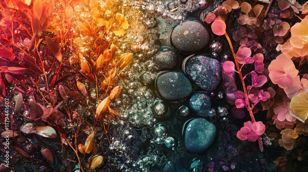 Poster dynamic interplay of abstract forms in nature with colorful elements and textures