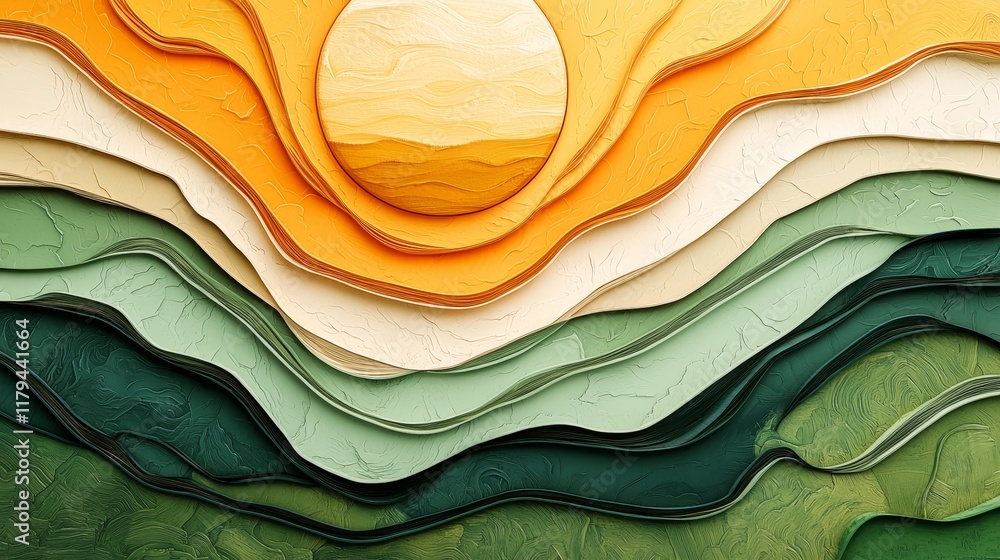 Poster abstract representation of a flowing sunrise with layers of colorful textures