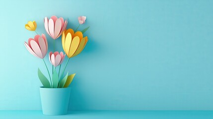 Colorful Paper Flowers in a Pot on Blue Background