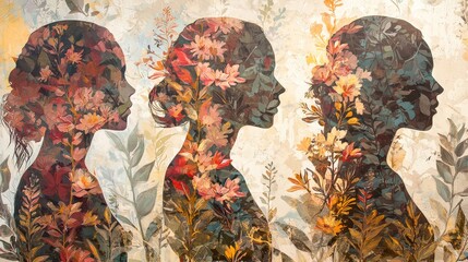 Fototapeta premium Harmonious Blend of Abstract Floral Patterns in Profile Silhouettes of Women