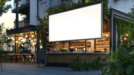 Obraz premium Modern Outdoor Cafe with Blank Billboard at Dusk