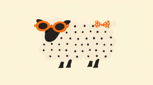 Cute and Quirky Doodle of a Plump Fluffy Sheep Wearing Sunglasses and Sporting a Playful Polka Dot Pattern  Stylized Whimsical Animal Character Design in a Vibrant Retro Inspired Style